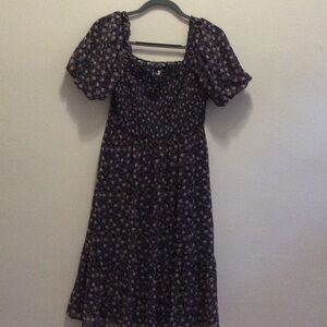 Lauren Conrad smocked puff sleeve midi dress navy and pink floral